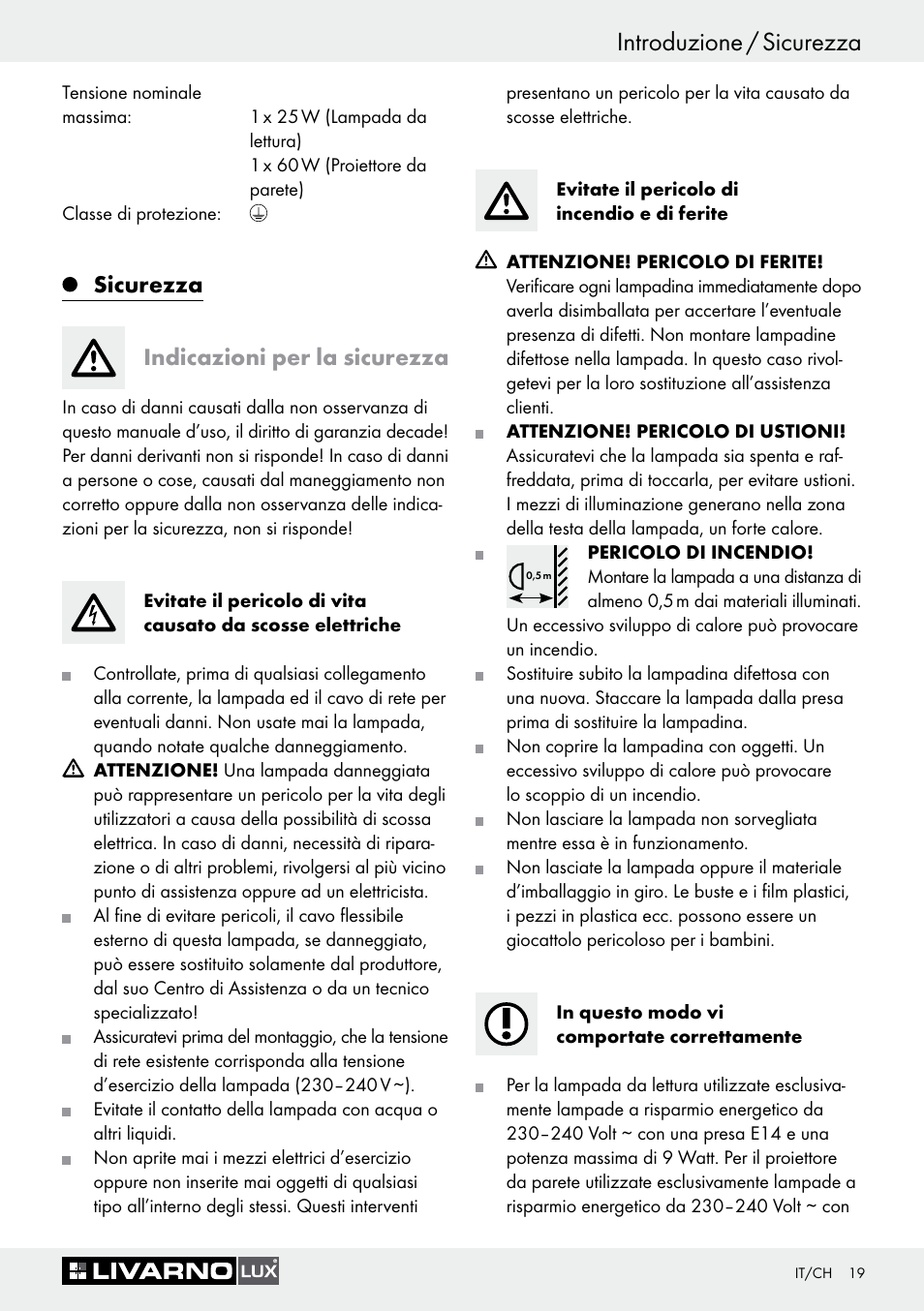 Introduzione / sicurezza introduzione, Sicurezza indicazioni per la sicurezza | Livarno 1241/022L User Manual | Page 18 / 36