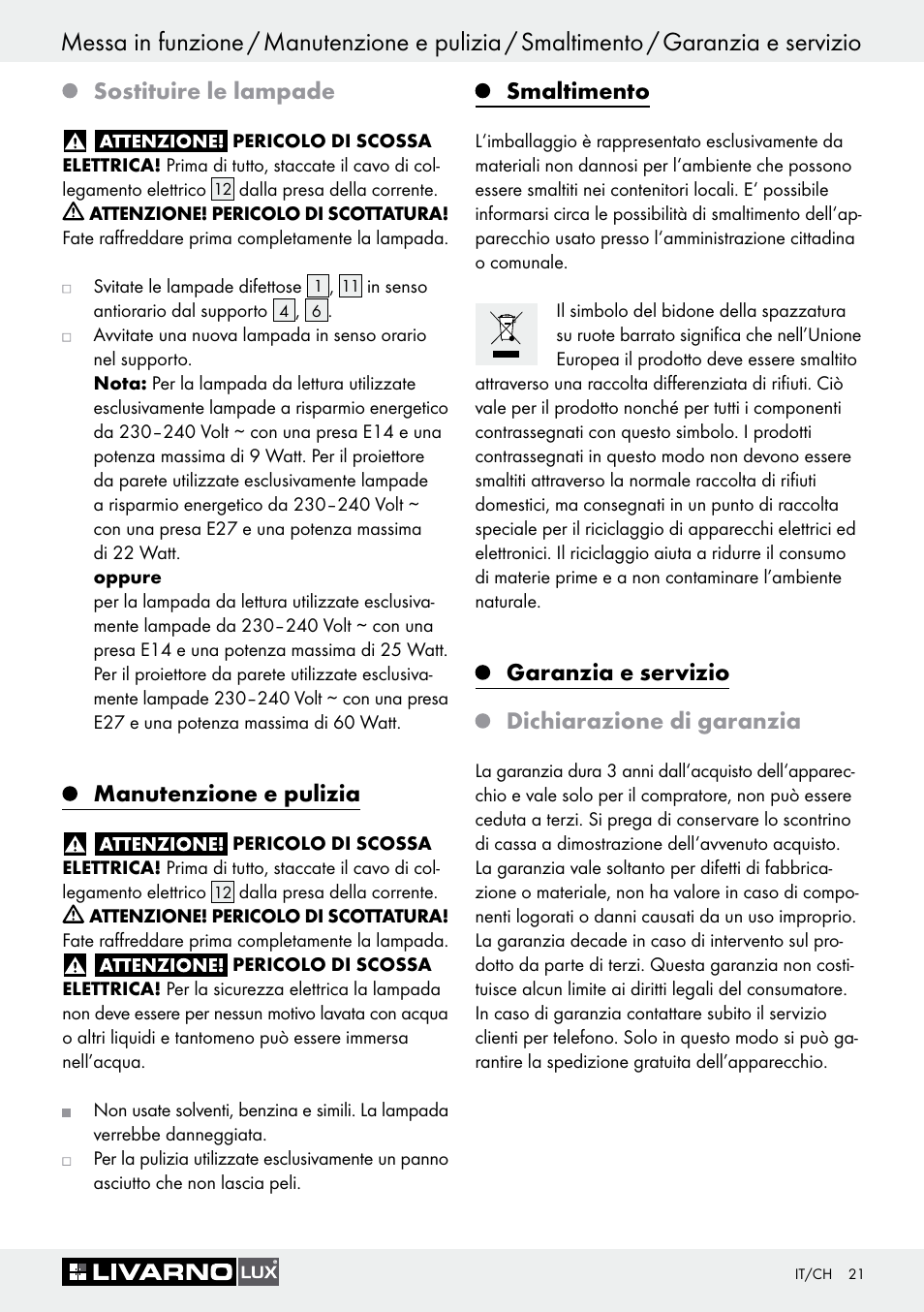 Sostituire le lampade, Manutenzione e pulizia, Smaltimento | Garanzia e servizio dichiarazione di garanzia | Livarno 1241/022L User Manual | Page 20 / 36