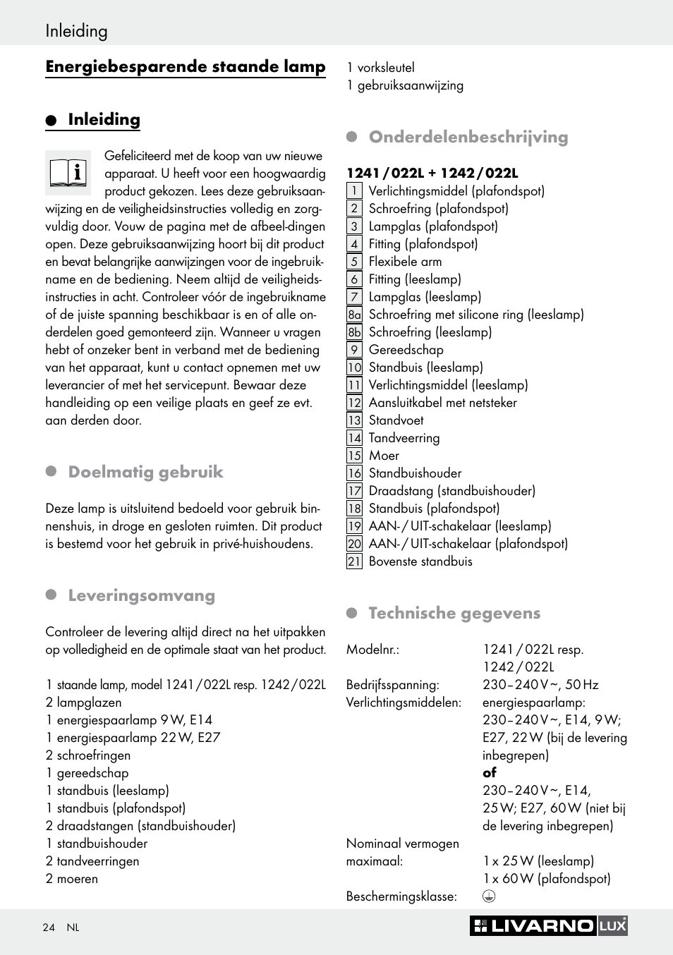 Inleiding, Energiebesparende staande lamp inleiding, Doelmatig gebruik | Leveringsomvang, Onderdelenbeschrijving, Technische gegevens | Livarno 1241/022L User Manual | Page 23 / 36