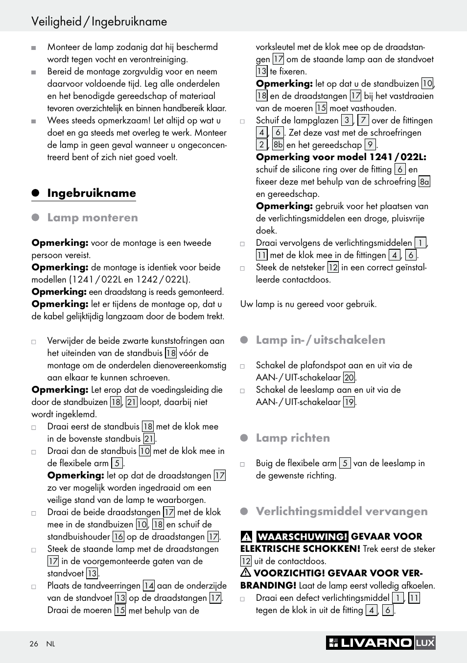 Veiligheid / ingebruikname, Ingebruikname lamp monteren, Lamp in- / uitschakelen | Lamp richten, Verlichtingsmiddel vervangen | Livarno 1241/022L User Manual | Page 25 / 36