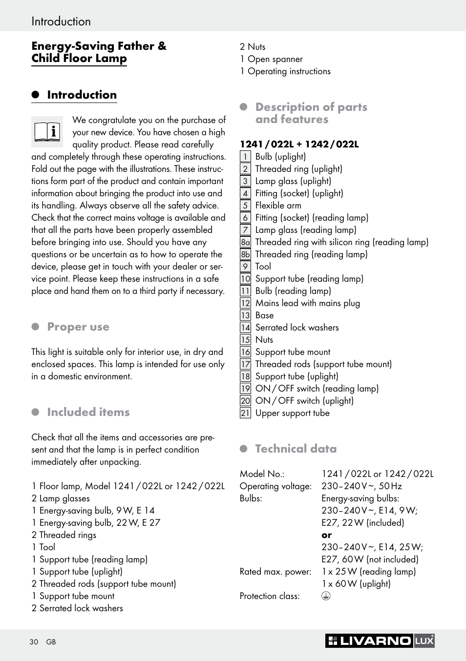 Introduction, Proper use, Included items | Description of parts and features, Technical data | Livarno 1241/022L User Manual | Page 29 / 36