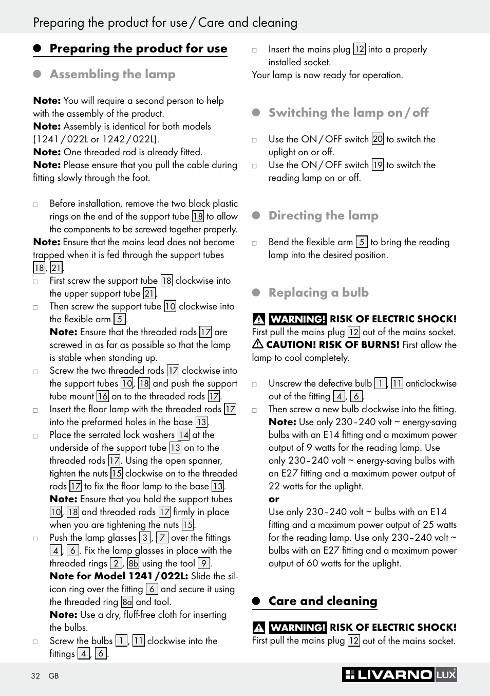 Preparing the product for use / care and cleaning, Preparing the product for use assembling the lamp, Switching the lamp on / off | Directing the lamp, Replacing a bulb, Care and cleaning | Livarno 1241/022L User Manual | Page 31 / 36