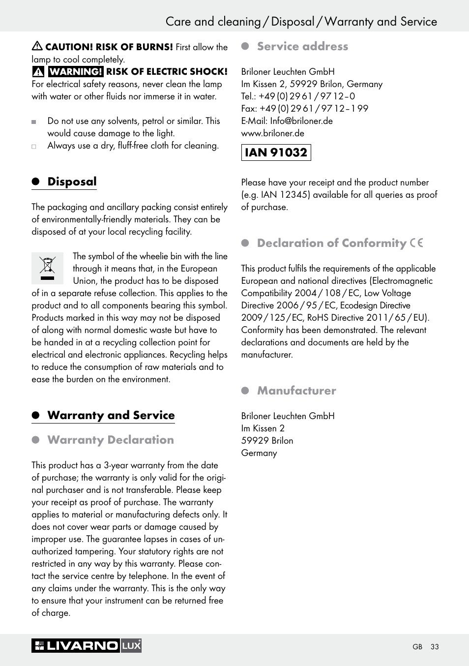 Disposal, Warranty and service warranty declaration, Service address | Declaration of conformity, Manufacturer | Livarno 1241/022L User Manual | Page 32 / 36