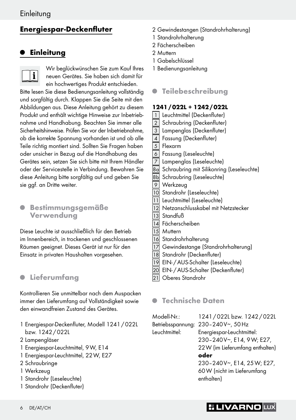 Einleitung / sicherheit einleitung, Energiespar-deckenfluter einleitung, Bestimmungsgemäße verwendung | Lieferumfang, Teilebeschreibung, Technische daten | Livarno 1241/022L User Manual | Page 5 / 36