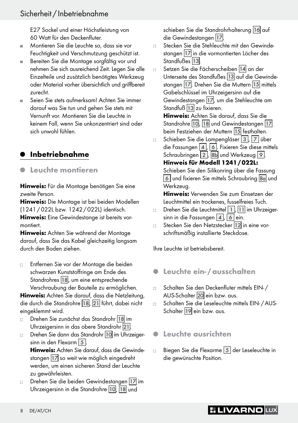 Inbetriebnahme leuchte montieren, Leuchte ein- / ausschalten, Leuchte ausrichten | Livarno 1241/022L User Manual | Page 7 / 36