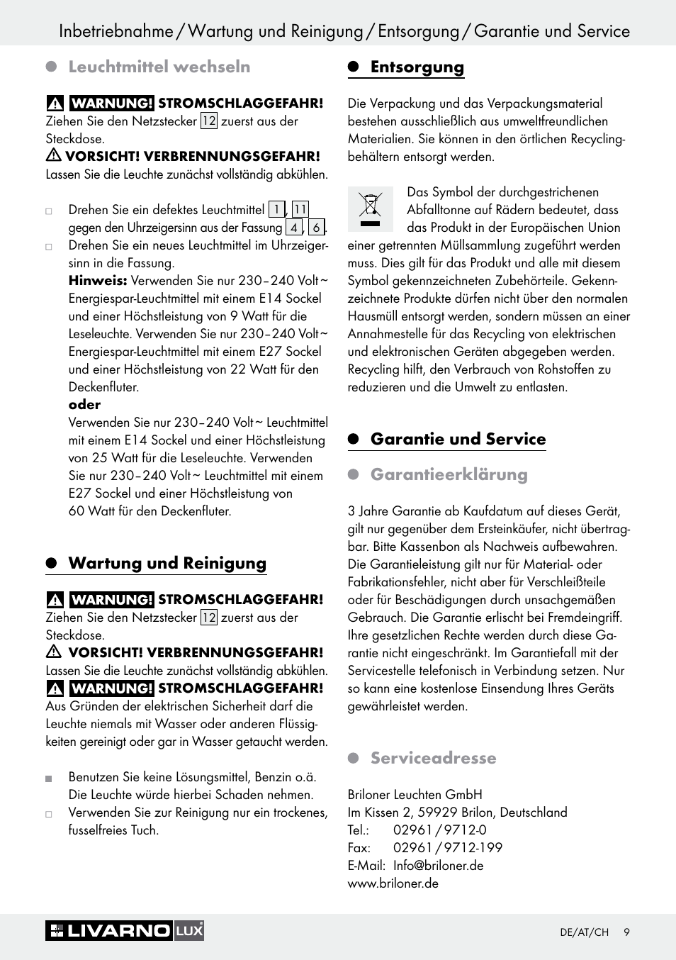 Leuchtmittel wechseln, Wartung und reinigung, Entsorgung | Garantie und service garantieerklärung, Serviceadresse | Livarno 1241/022L User Manual | Page 8 / 36