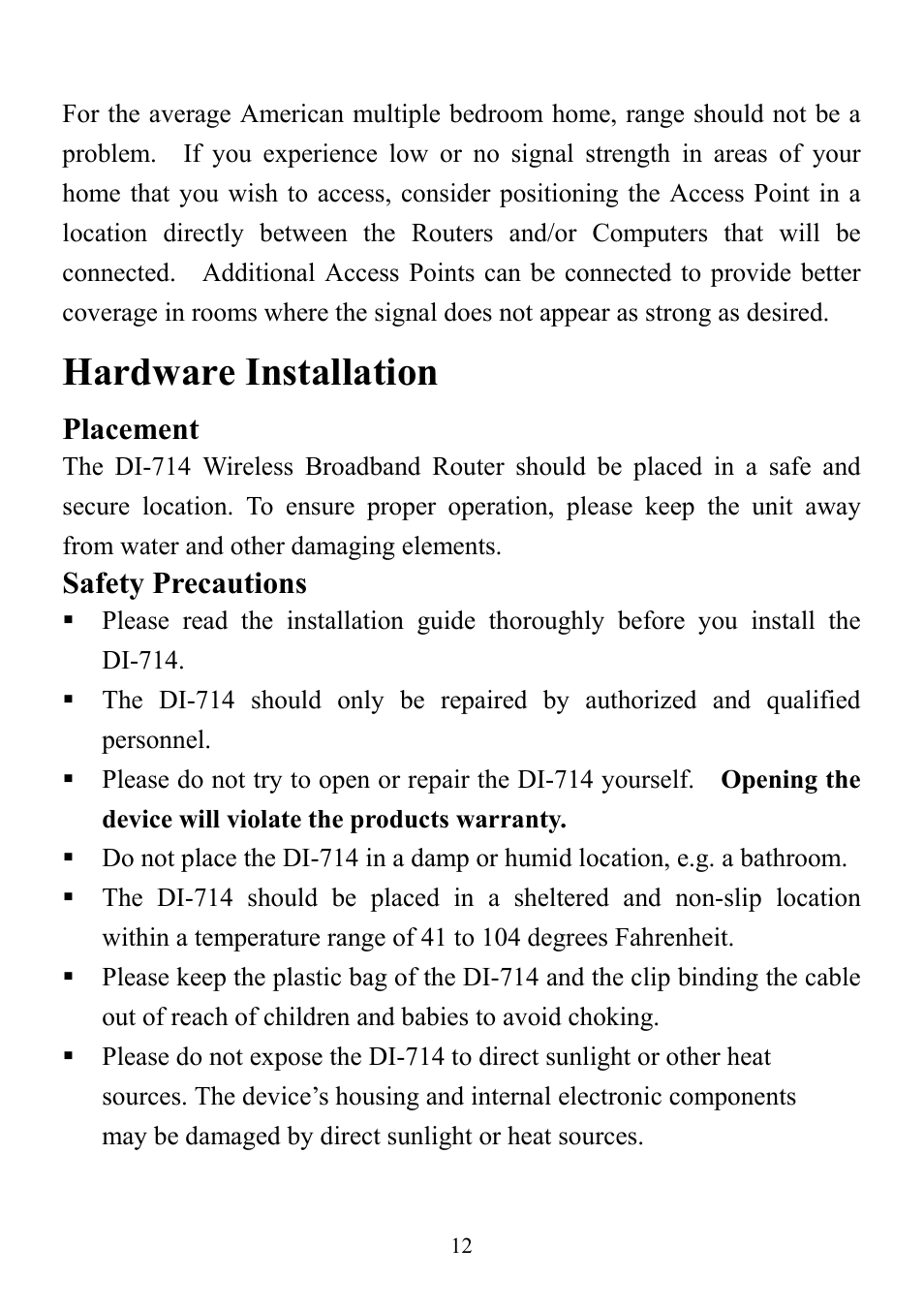 Hardware installation | D-Link DI-714 User Manual | Page 12 / 58