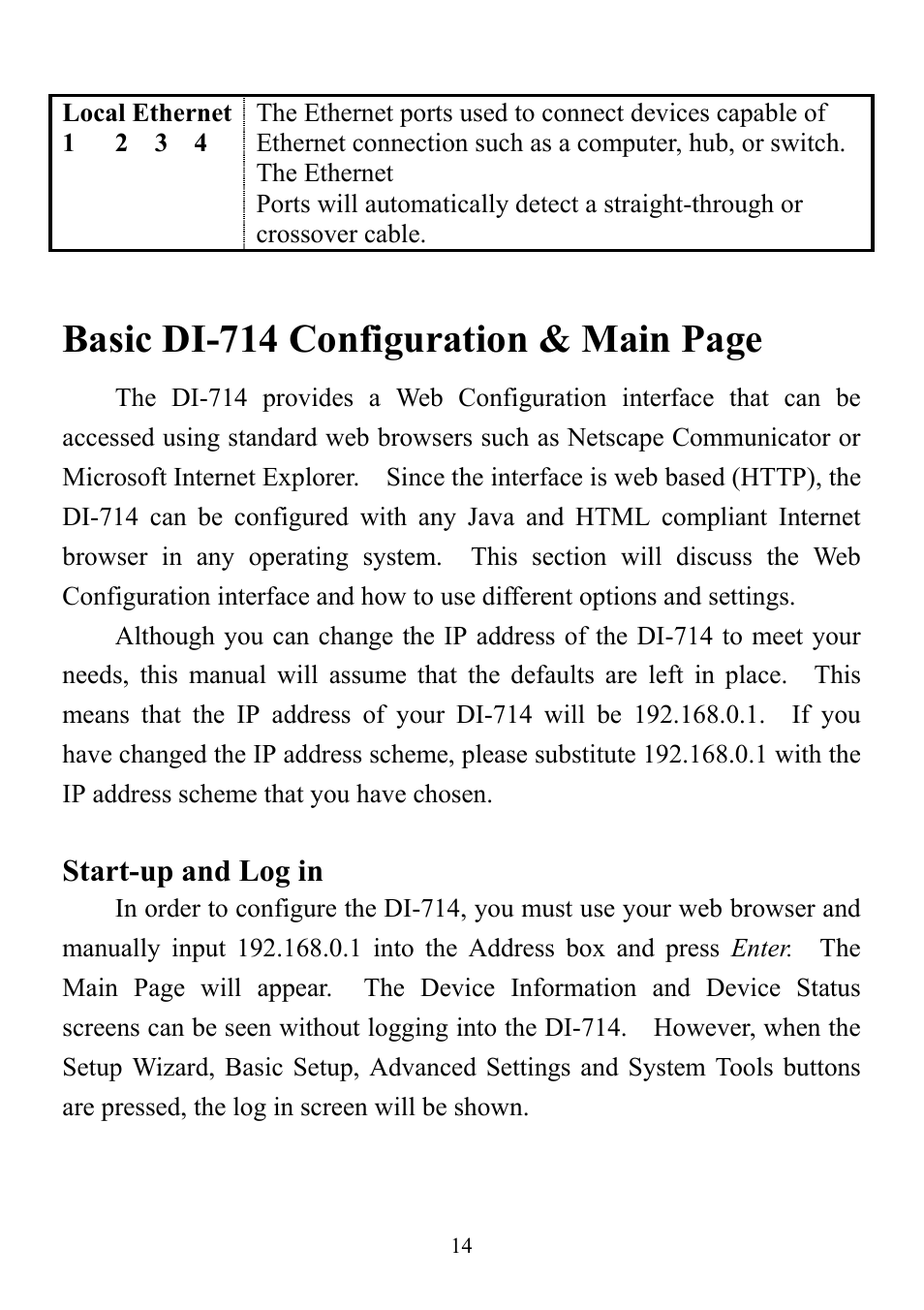 Basic di-714 configuration & main page, Start-up and log in | D-Link DI-714 User Manual | Page 14 / 58