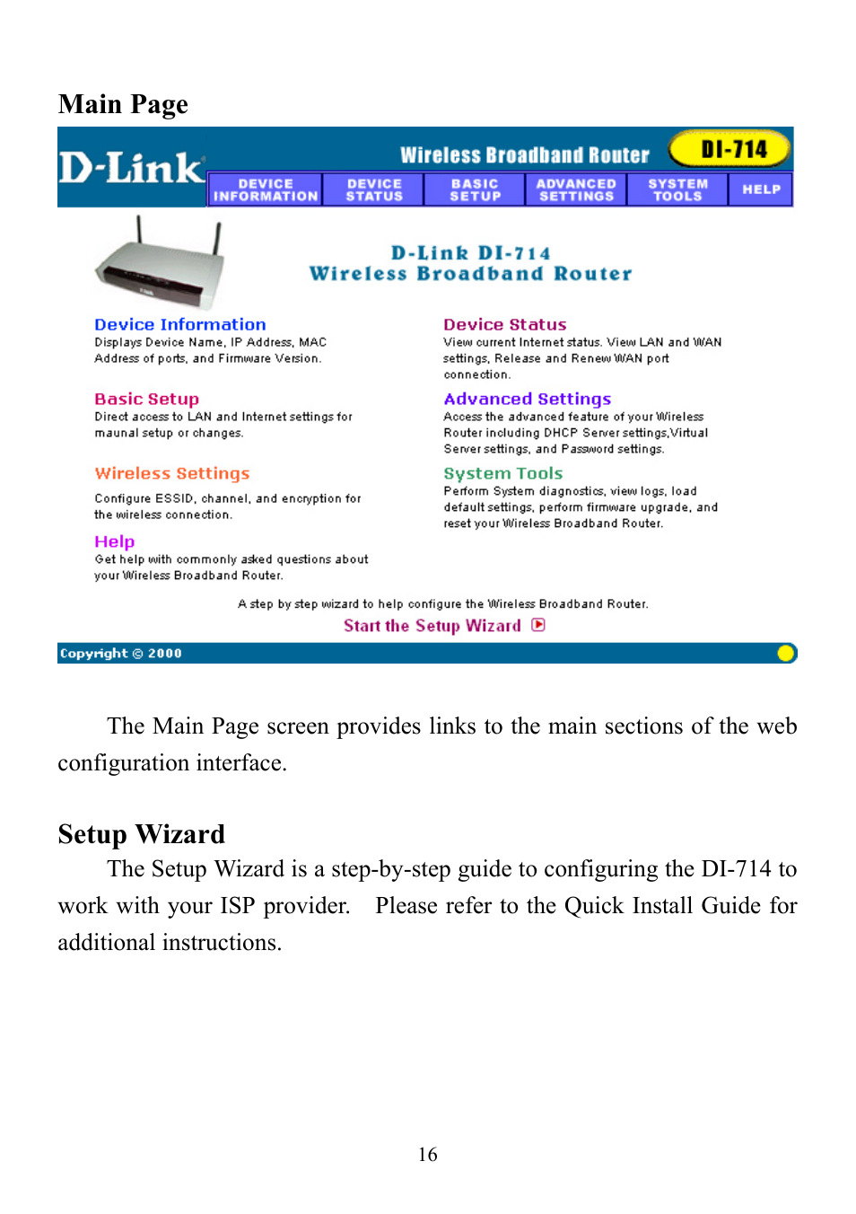Main page, Setup wizard | D-Link DI-714 User Manual | Page 16 / 58