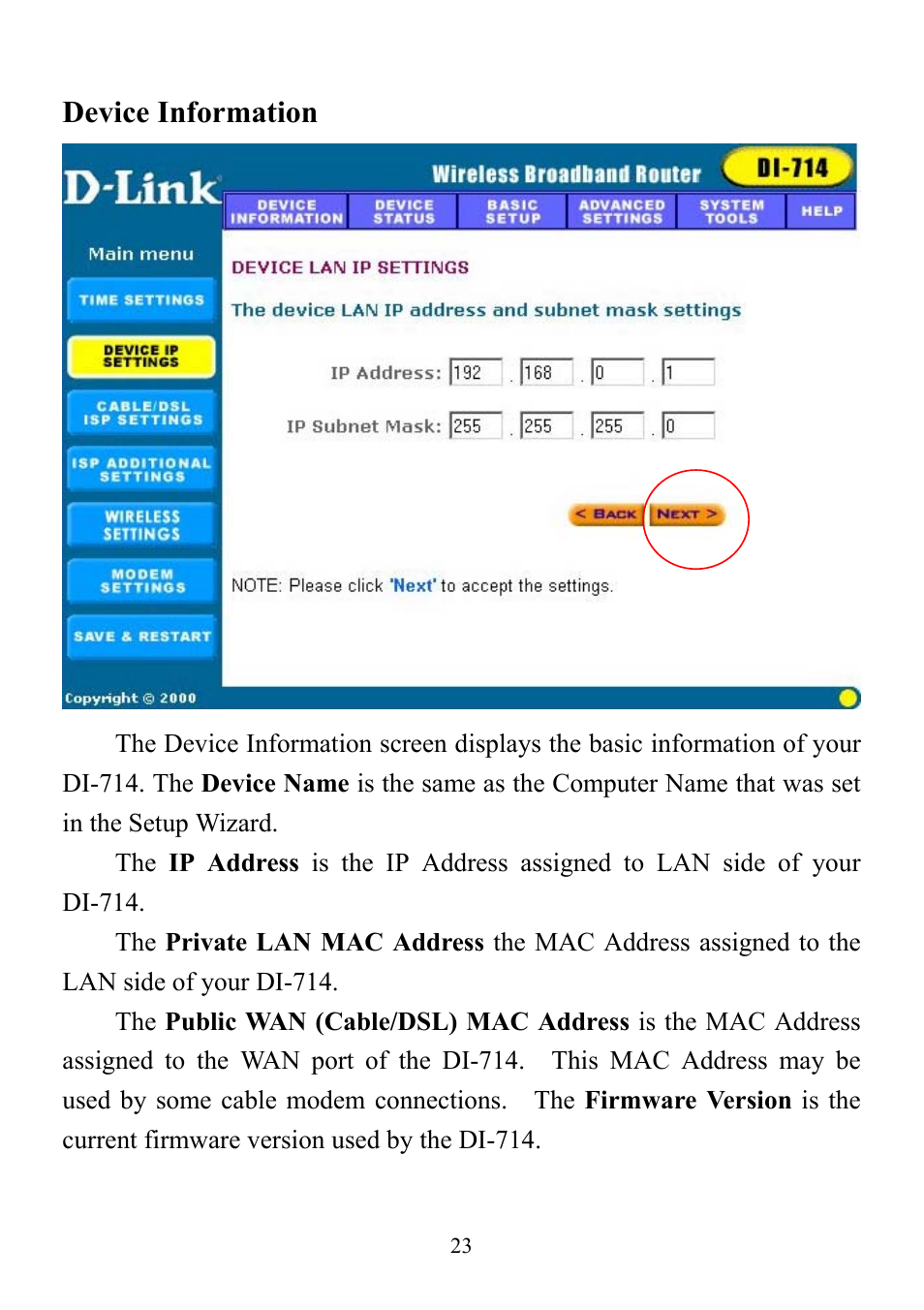 Device information | D-Link DI-714 User Manual | Page 23 / 58