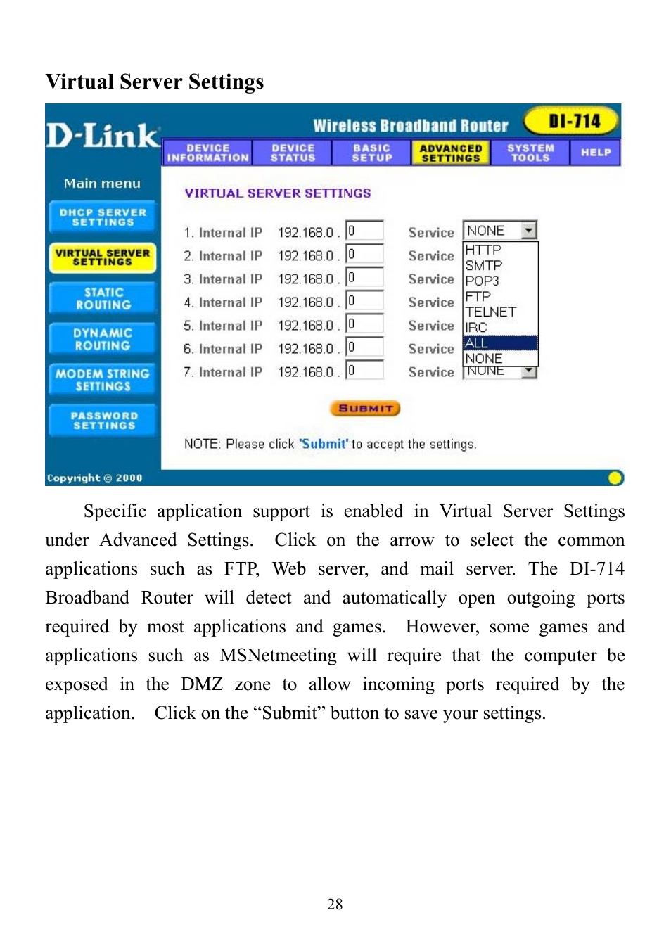 Virtual server settings | D-Link DI-714 User Manual | Page 28 / 58