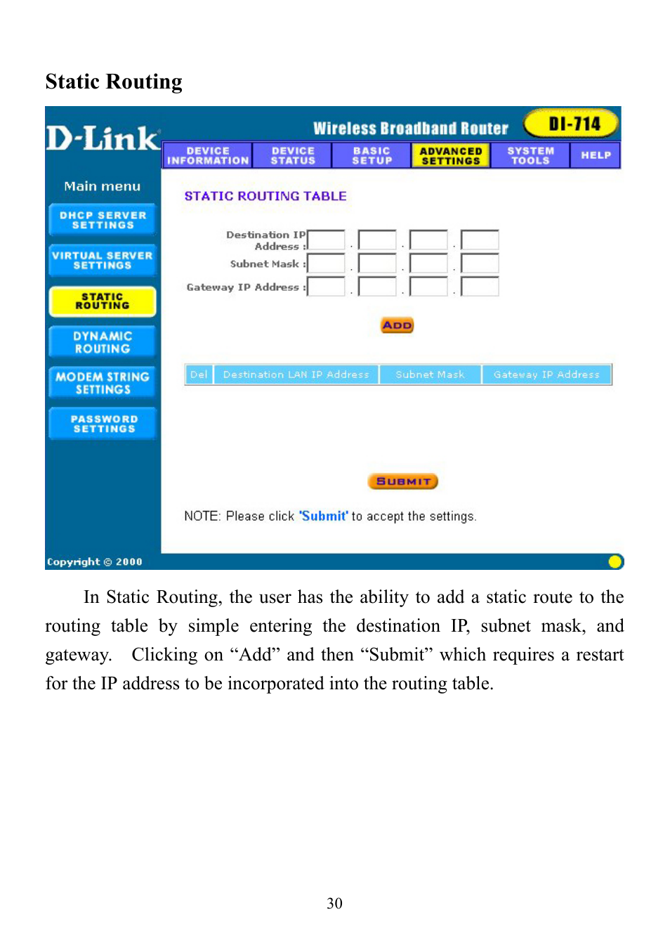 Static routing | D-Link DI-714 User Manual | Page 30 / 58