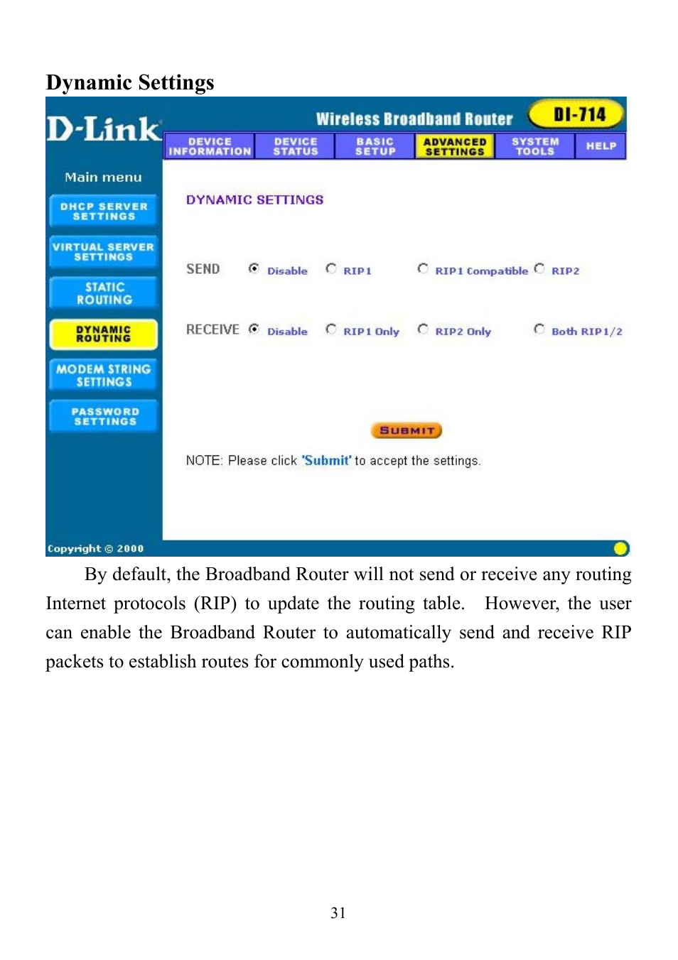 Dynamic settings | D-Link DI-714 User Manual | Page 31 / 58