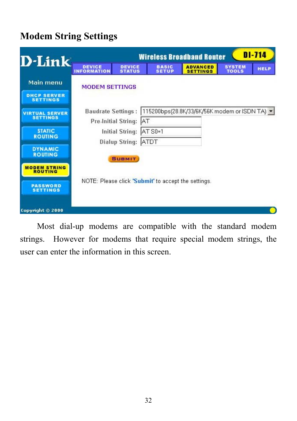 Modem string settings | D-Link DI-714 User Manual | Page 32 / 58