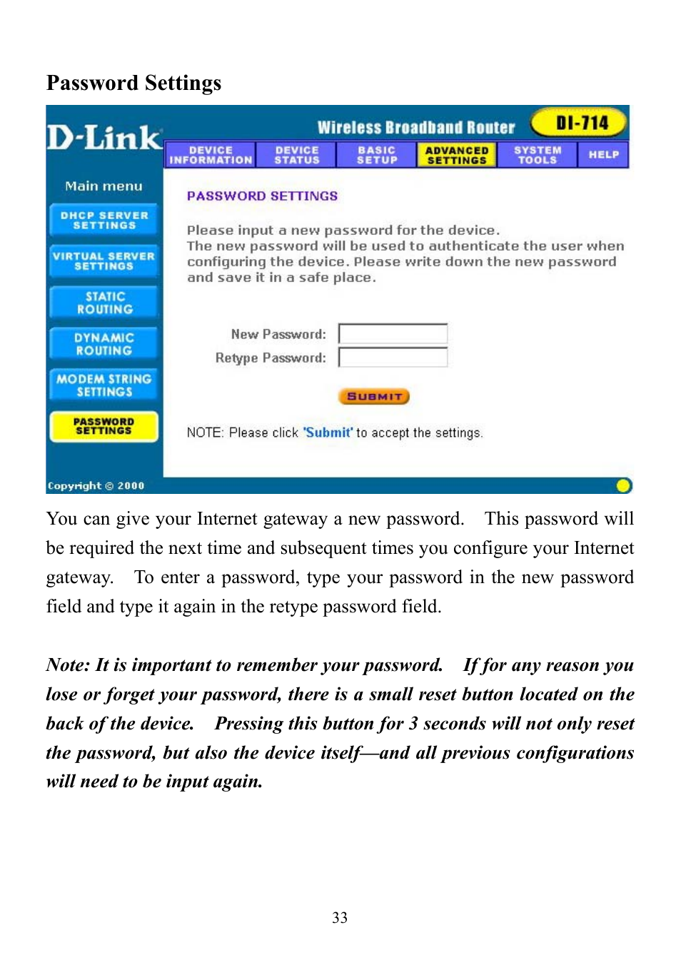 Password settings | D-Link DI-714 User Manual | Page 33 / 58