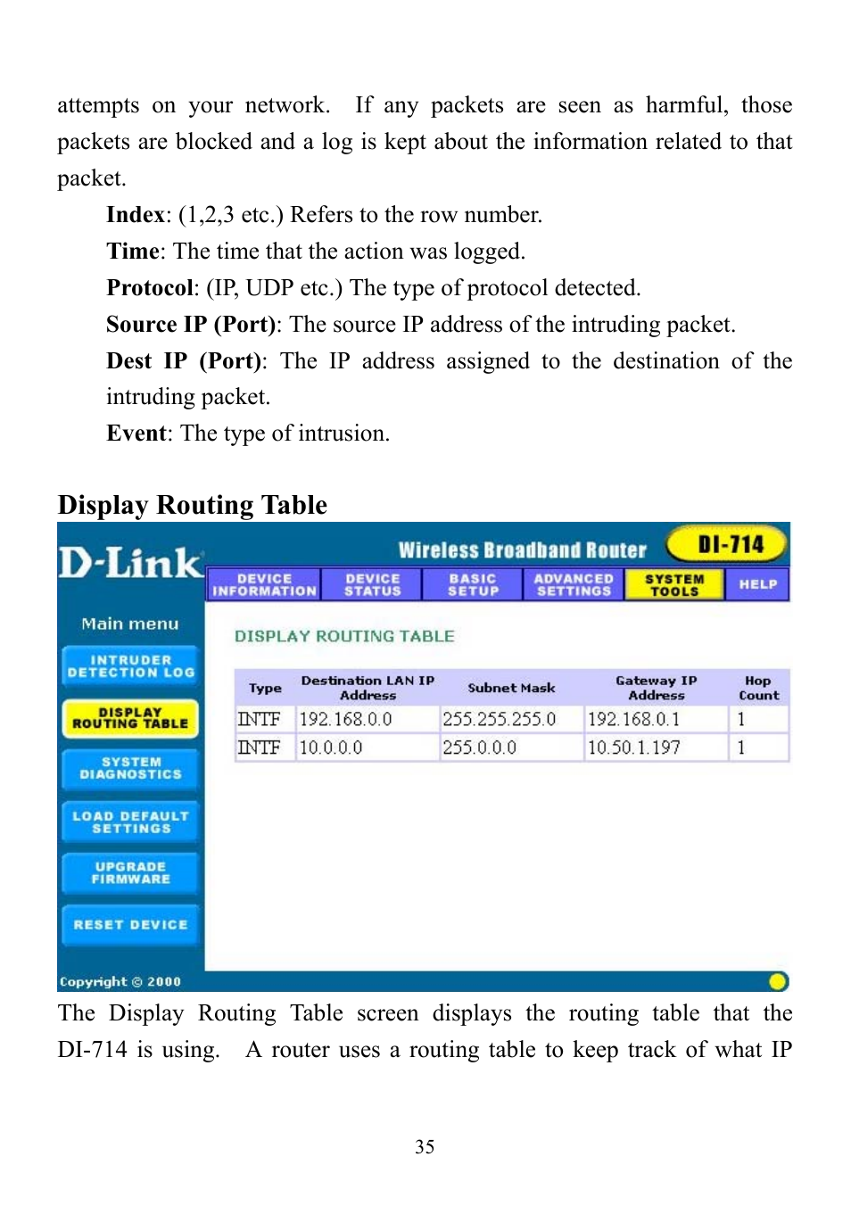 Display routing table | D-Link DI-714 User Manual | Page 35 / 58