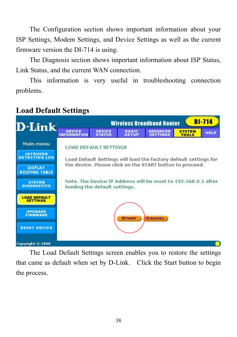 Load default settings | D-Link DI-714 User Manual | Page 38 / 58