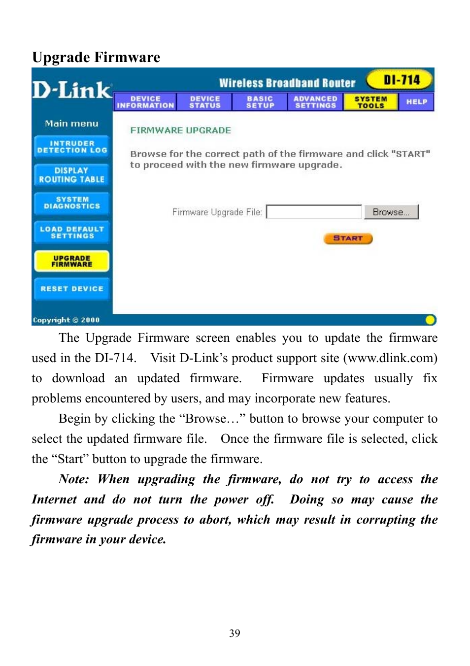 Upgrade firmware | D-Link DI-714 User Manual | Page 39 / 58