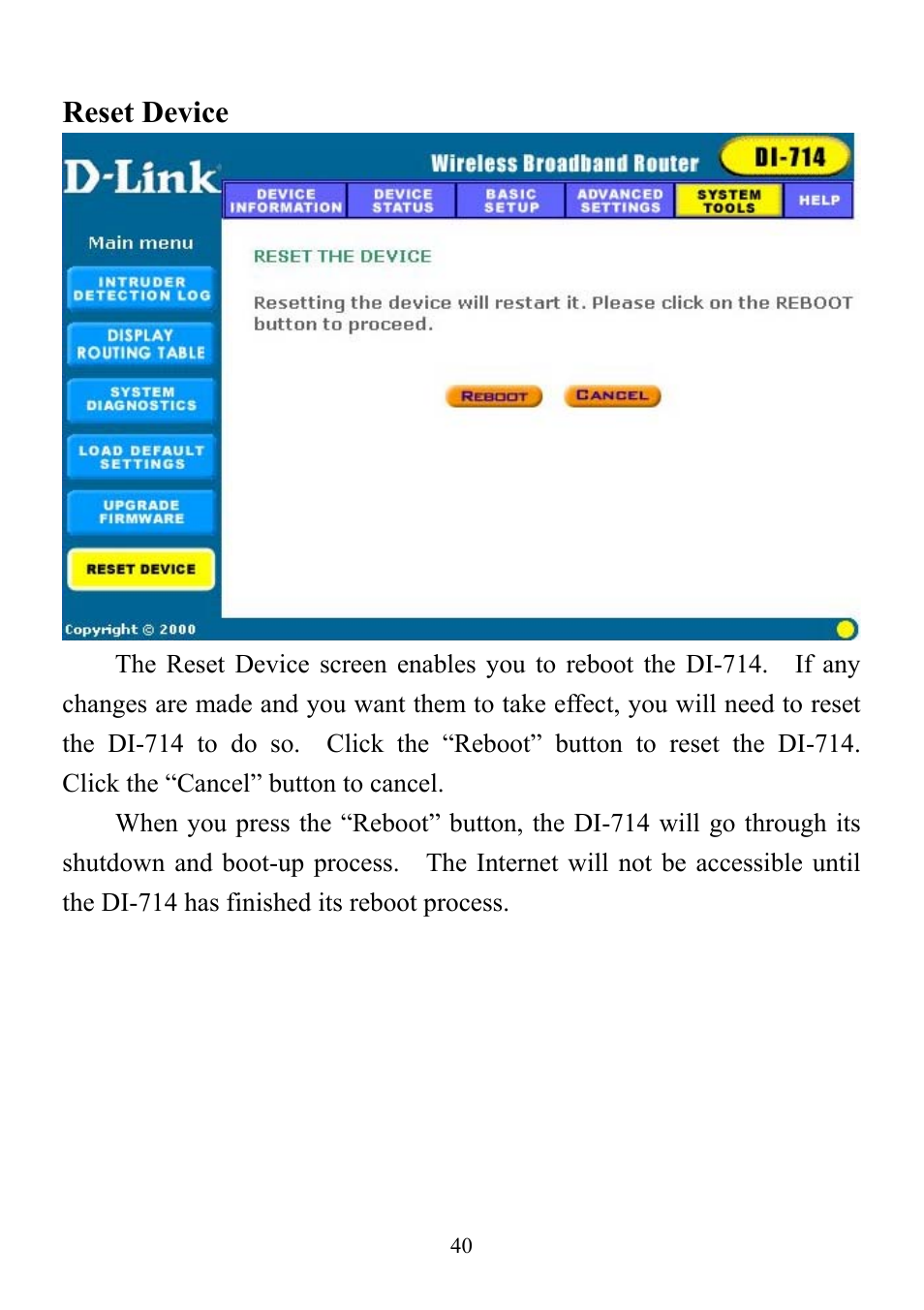 Reset device | D-Link DI-714 User Manual | Page 40 / 58