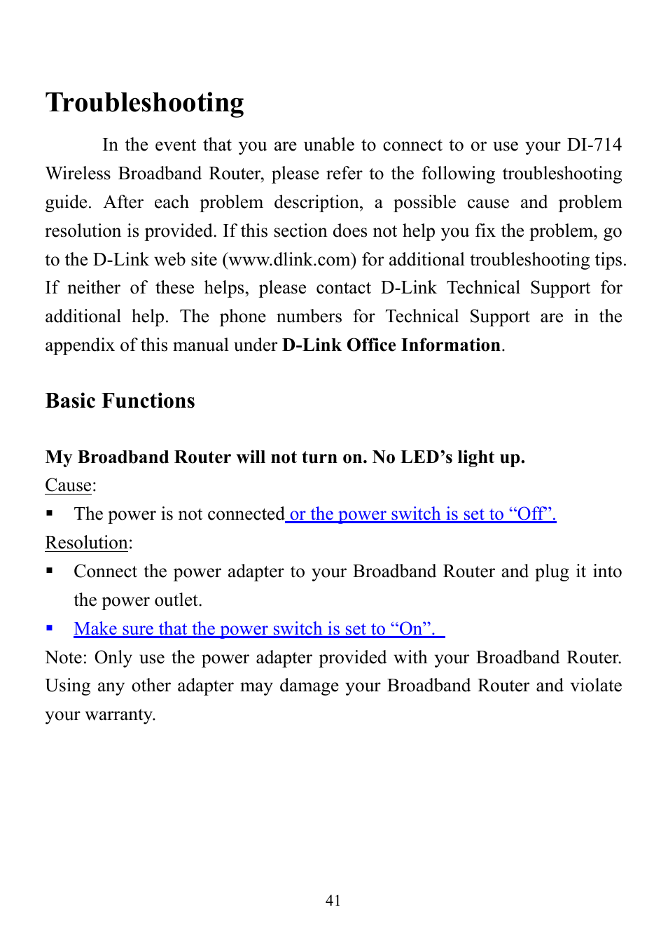 Troubleshooting, Basic functions | D-Link DI-714 User Manual | Page 41 / 58