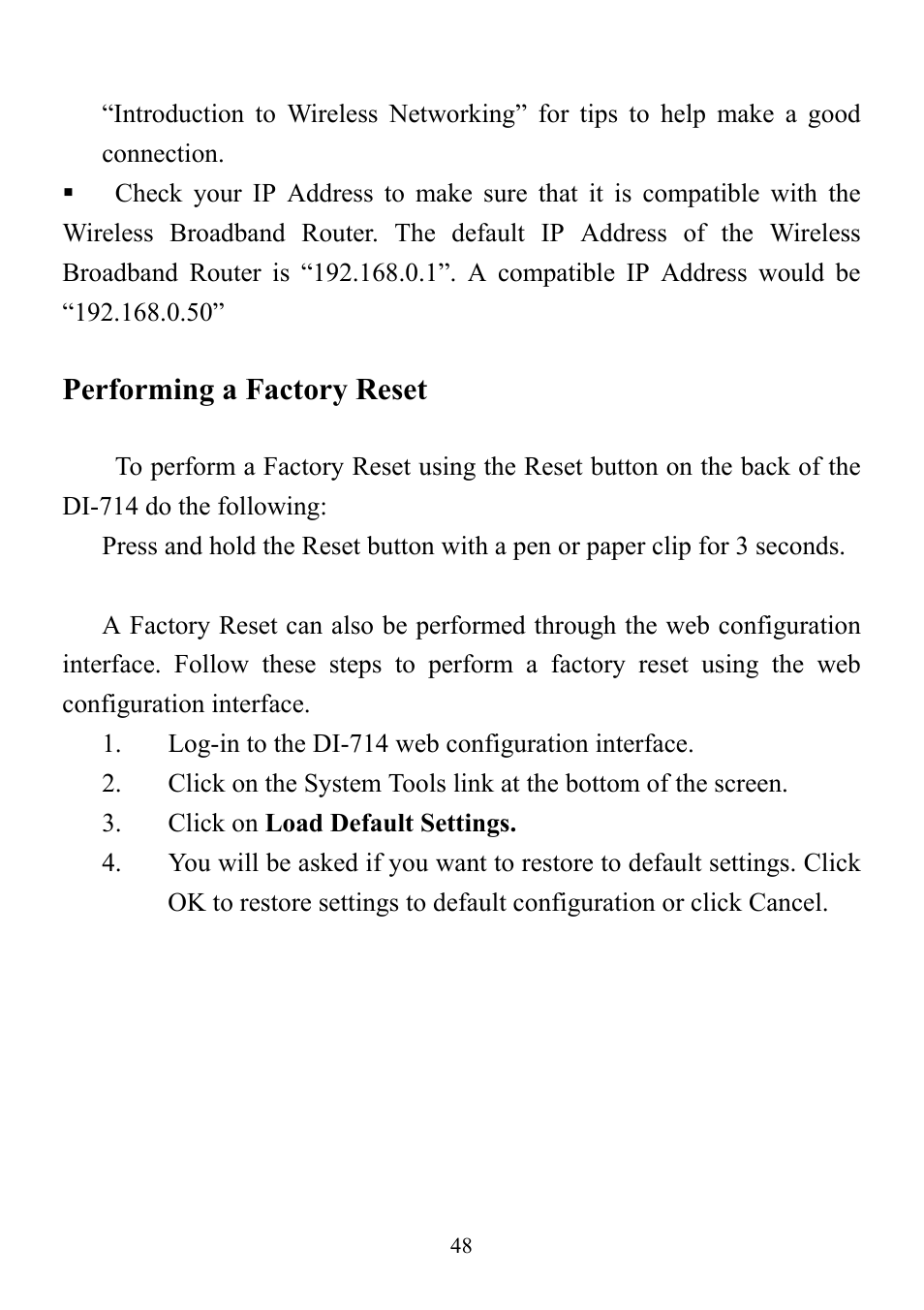 Performing a factory reset | D-Link DI-714 User Manual | Page 48 / 58