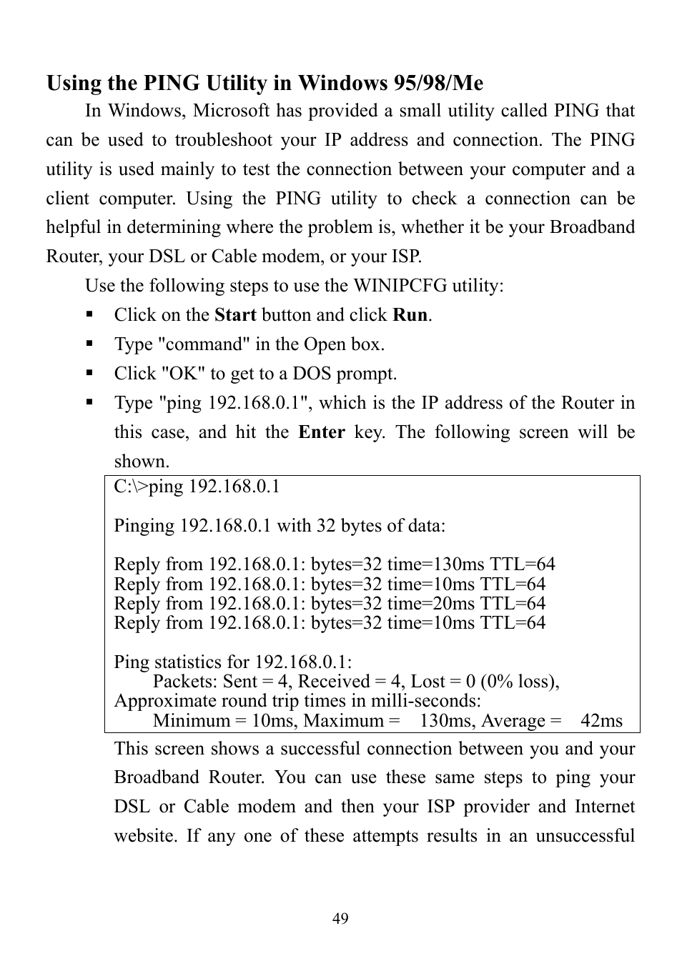 Using the ping utility in windows 95/98/me | D-Link DI-714 User Manual | Page 49 / 58