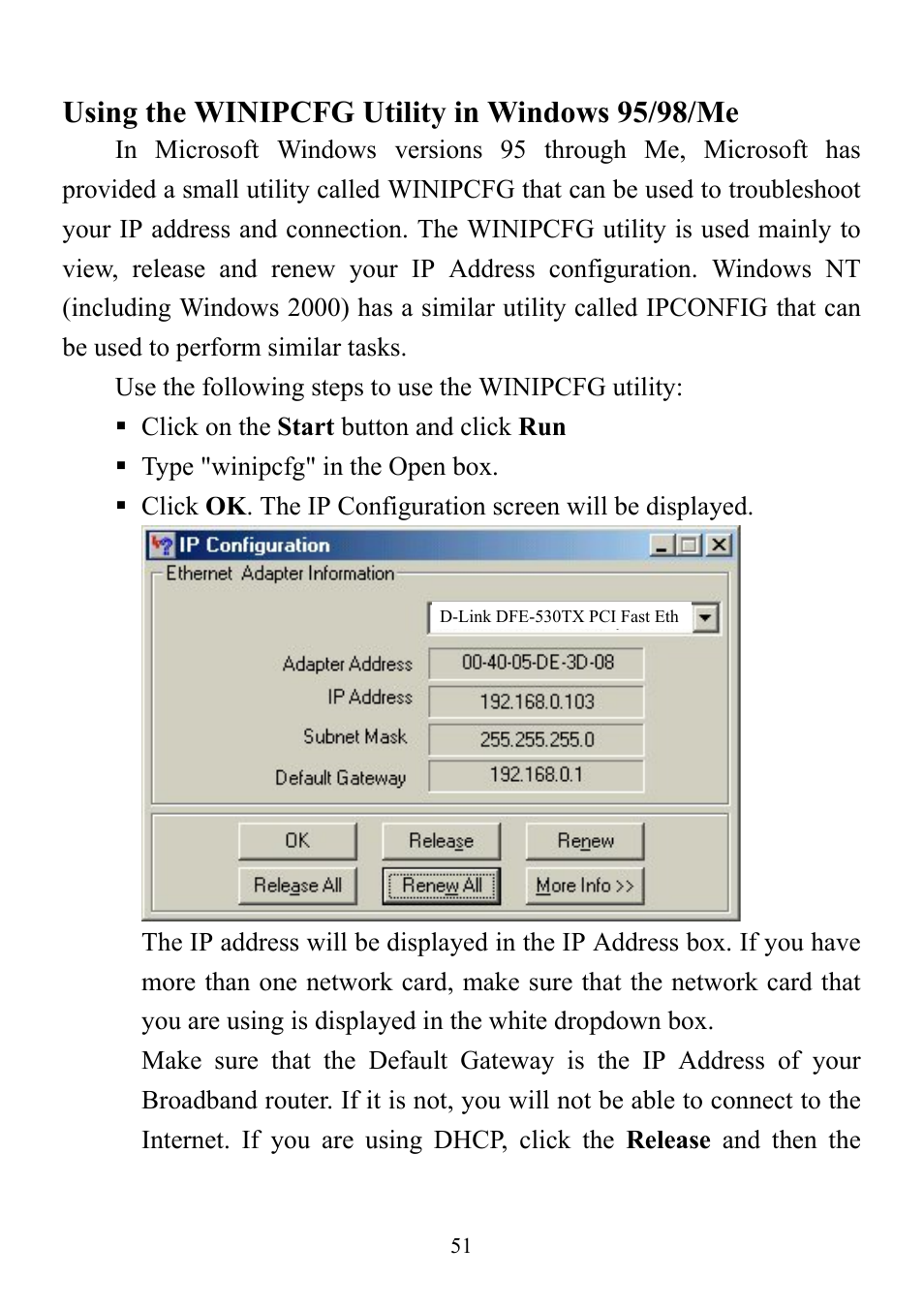 Using the winipcfg utility in windows 95/98/me | D-Link DI-714 User Manual | Page 51 / 58