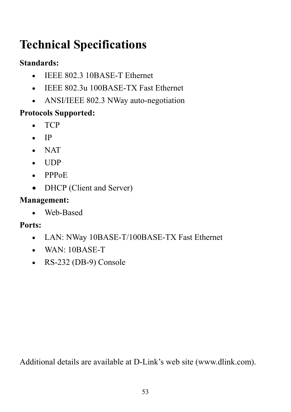 Technical specifications | D-Link DI-714 User Manual | Page 53 / 58