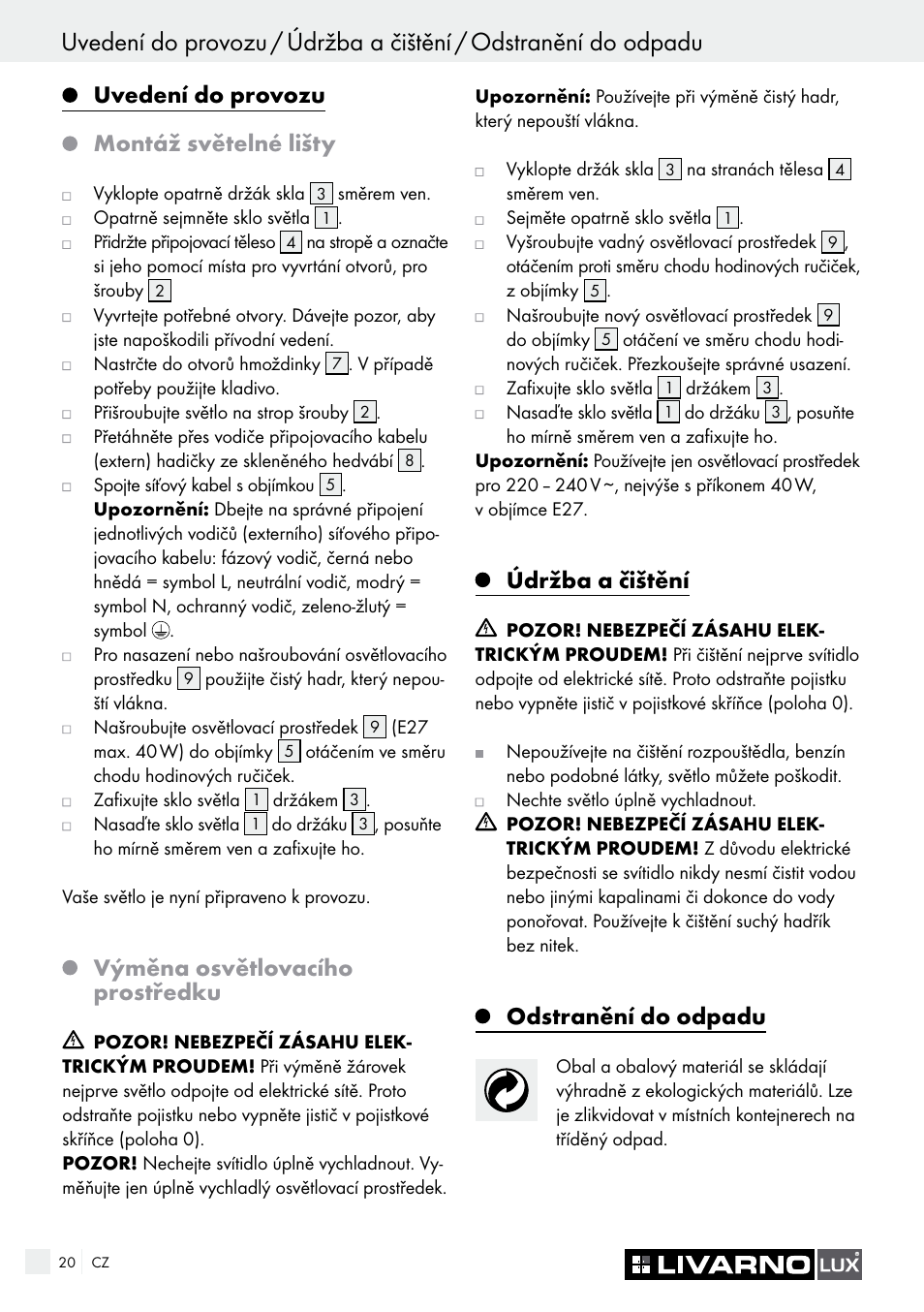 Uvedení do provozu, Montáž světelné lišty, Výměna osvětlovacího prostředku | Údržba a čištění, Odstranění do odpadu | Livarno CEILING LIGHT User Manual | Page 19 / 36