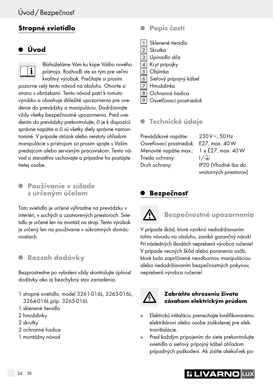 Stropné svietidlo, Úvod, Používanie v súlade s určeným účelom | Rozsah dodávky, Popis častí, Technické údaje, Bezpečnosť bezpečnostné upozornenia | Livarno CEILING LIGHT User Manual | Page 23 / 36