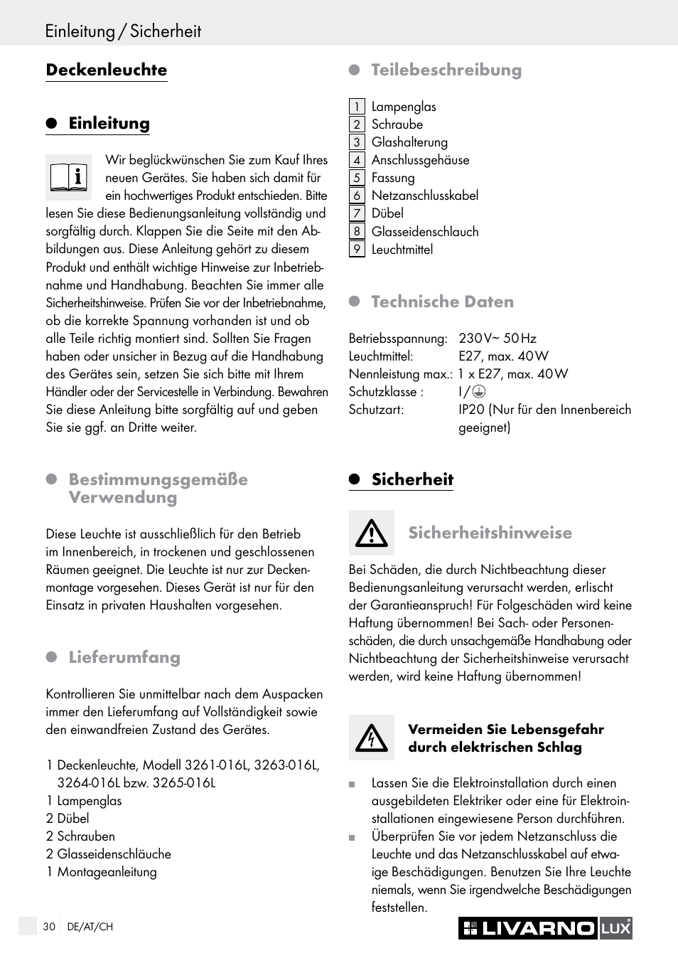 Deckenleuchte, Einleitung, Bestimmungsgemäße verwendung | Lieferumfang, Teilebeschreibung, Technische daten, Sicherheit sicherheitshinweise | Livarno CEILING LIGHT User Manual | Page 29 / 36