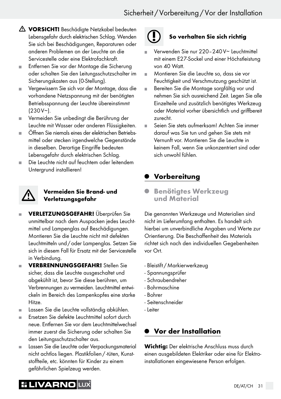 Einleitung / sicherheit, Sicherheit / vorbereitung / vor der installation, Vorbereitung | Benötigtes werkzeug und material, Vor der installation | Livarno CEILING LIGHT User Manual | Page 30 / 36