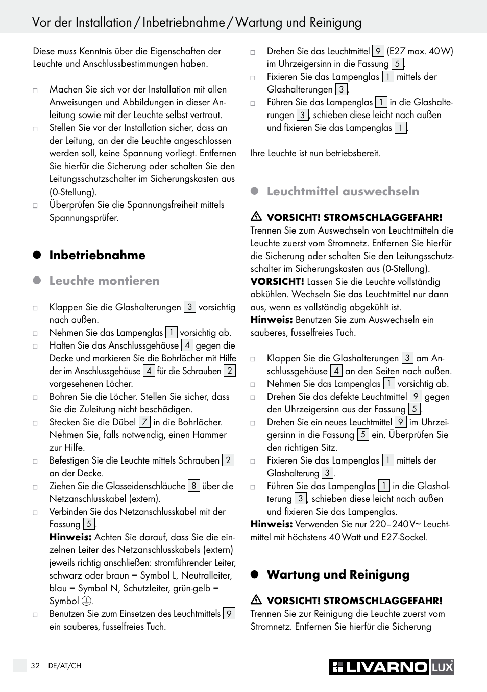 Inbetriebnahme, Leuchte montieren, Leuchtmittel auswechseln | Wartung und reinigung | Livarno CEILING LIGHT User Manual | Page 31 / 36