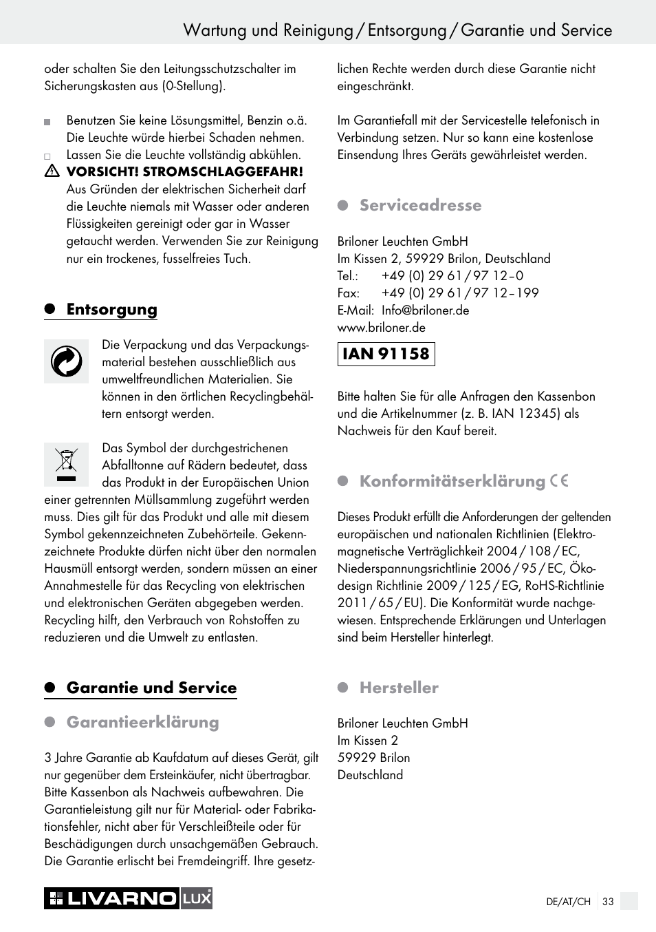 Entsorgung, Garantie und service garantieerklärung, Serviceadresse | Konformitätserklärung, Hersteller | Livarno CEILING LIGHT User Manual | Page 32 / 36