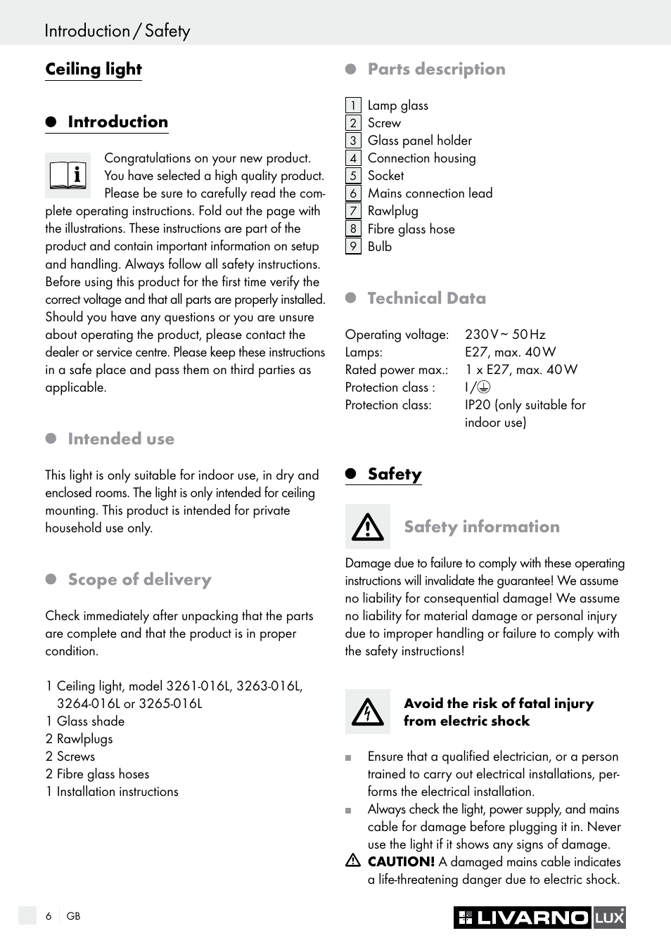 Ceiling light, Introduction, Intended use | Scope of delivery, Parts description, Technical data, Safety safety information | Livarno CEILING LIGHT User Manual | Page 5 / 36