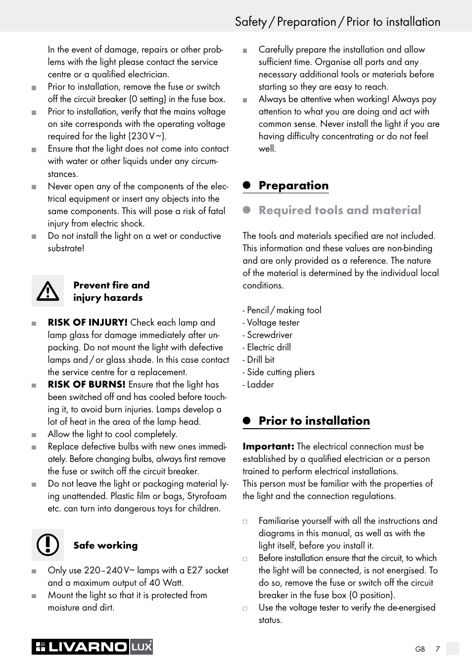 Safety / preparation / prior to installation, Introduction / safety, Preparation | Required tools and material, Prior to installation | Livarno CEILING LIGHT User Manual | Page 6 / 36