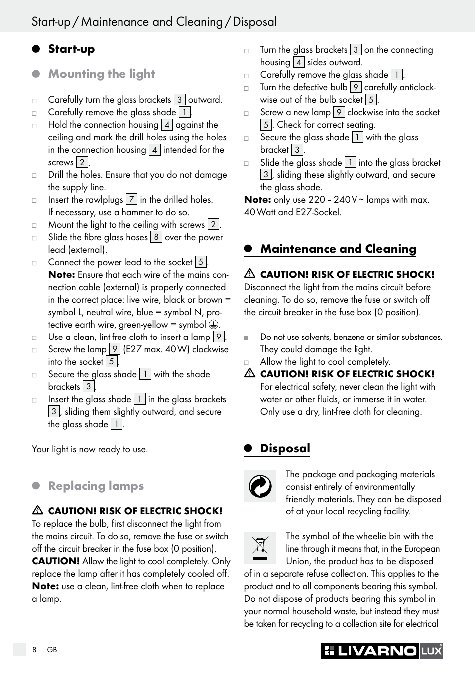 Start-up, Mounting the light, Replacing lamps | Maintenance and cleaning, Disposal | Livarno CEILING LIGHT User Manual | Page 7 / 36