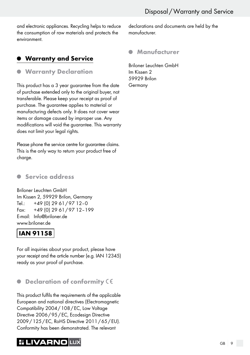 Disposal / warranty and service, Start-up / maintenance and cleaning / disposal | Livarno CEILING LIGHT User Manual | Page 8 / 36