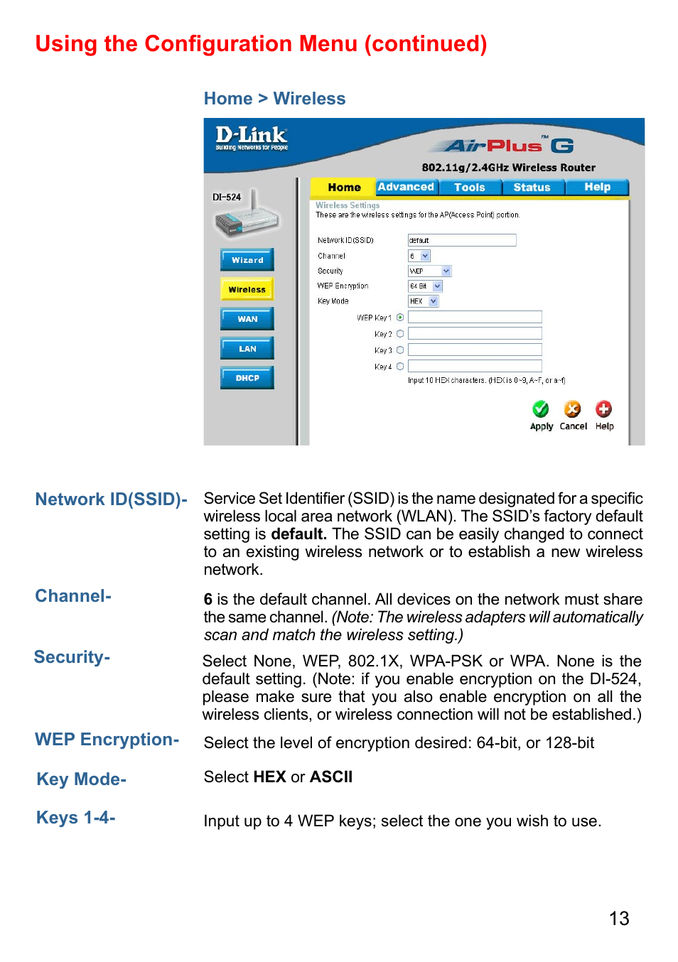 Using the conﬁguration menu (continued) | D-Link AirPlus G DI-524 User Manual | Page 13 / 92