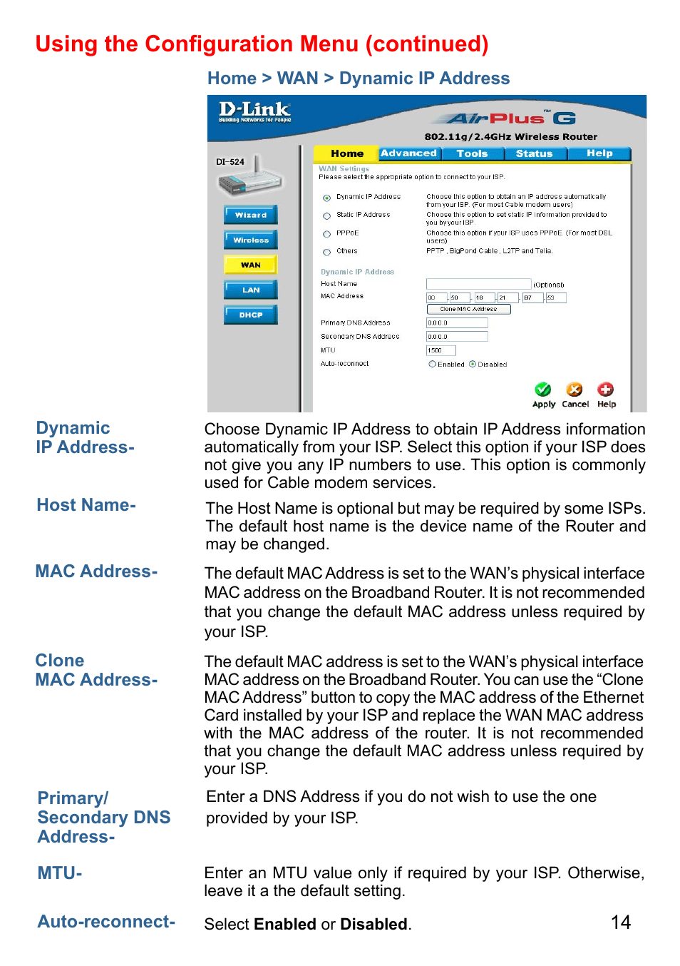 Using the conﬁguration menu (continued) | D-Link AirPlus G DI-524 User Manual | Page 14 / 92