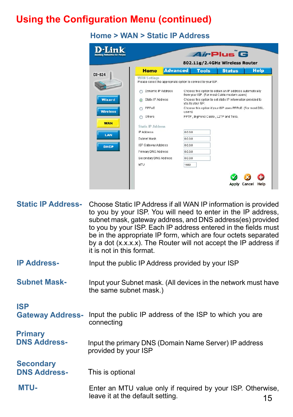 Using the conﬁguration menu (continued) | D-Link AirPlus G DI-524 User Manual | Page 15 / 92