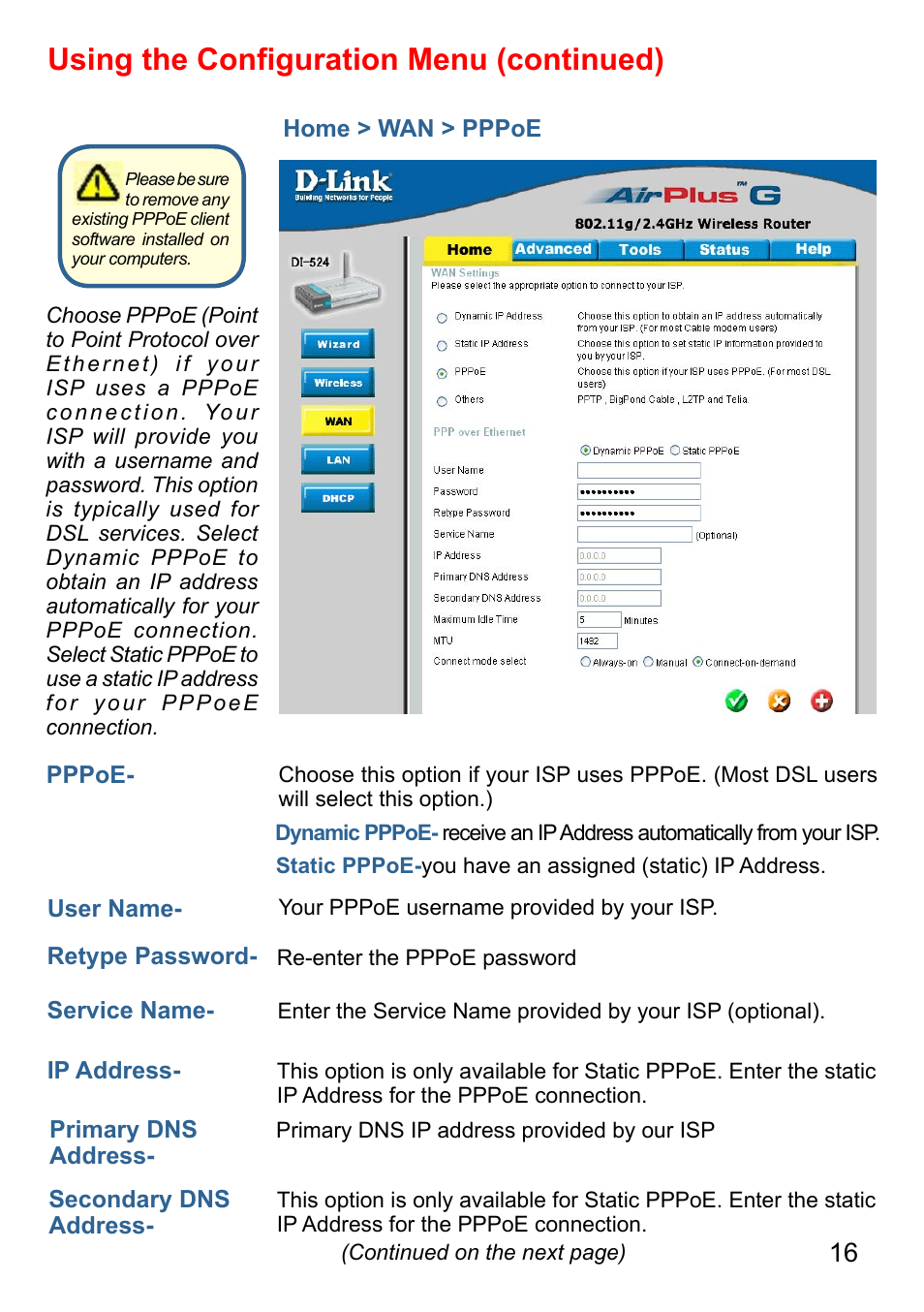 Using the conﬁguration menu (continued) | D-Link AirPlus G DI-524 User Manual | Page 16 / 92