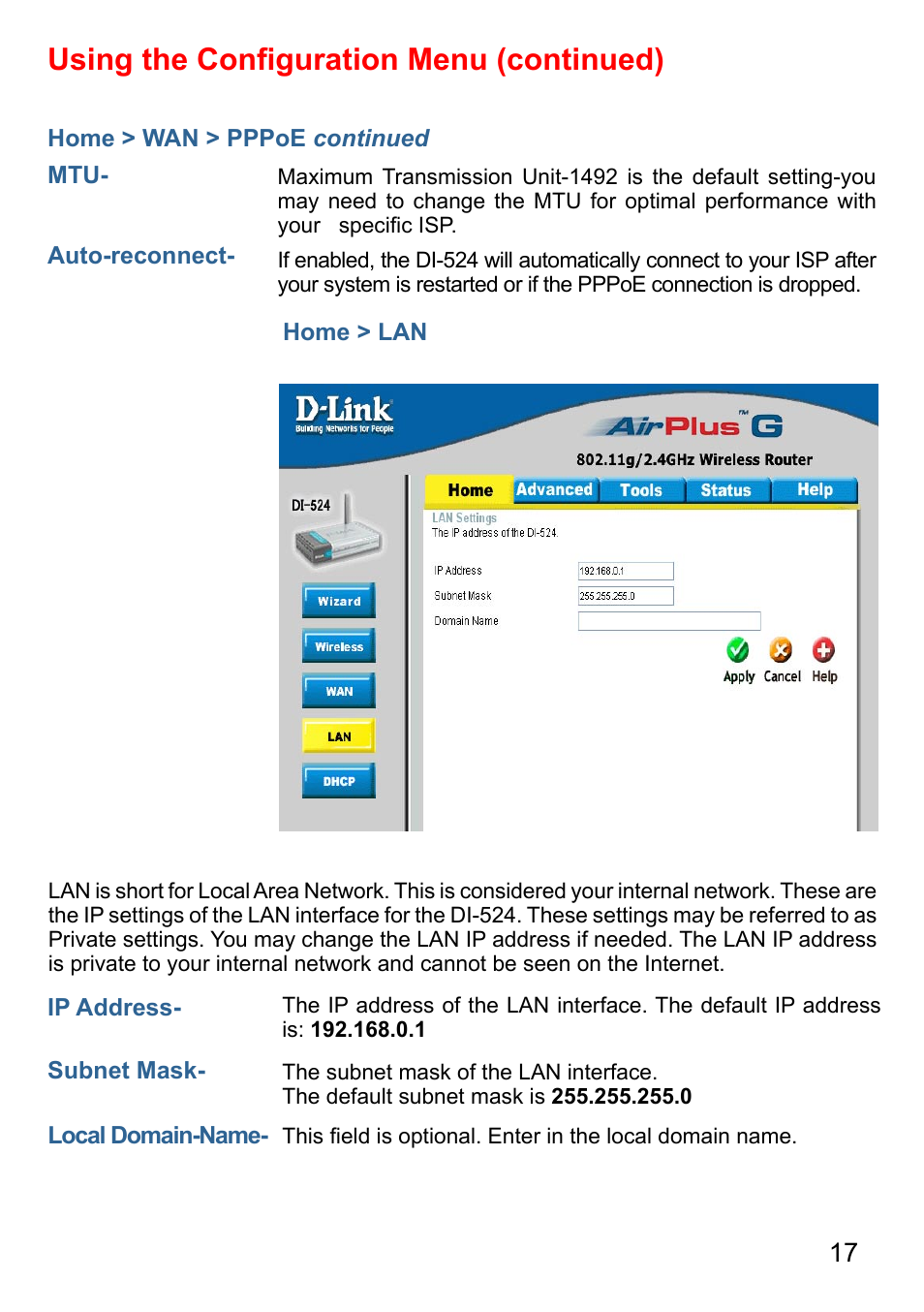 Using the conﬁguration menu (continued) | D-Link AirPlus G DI-524 User Manual | Page 17 / 92