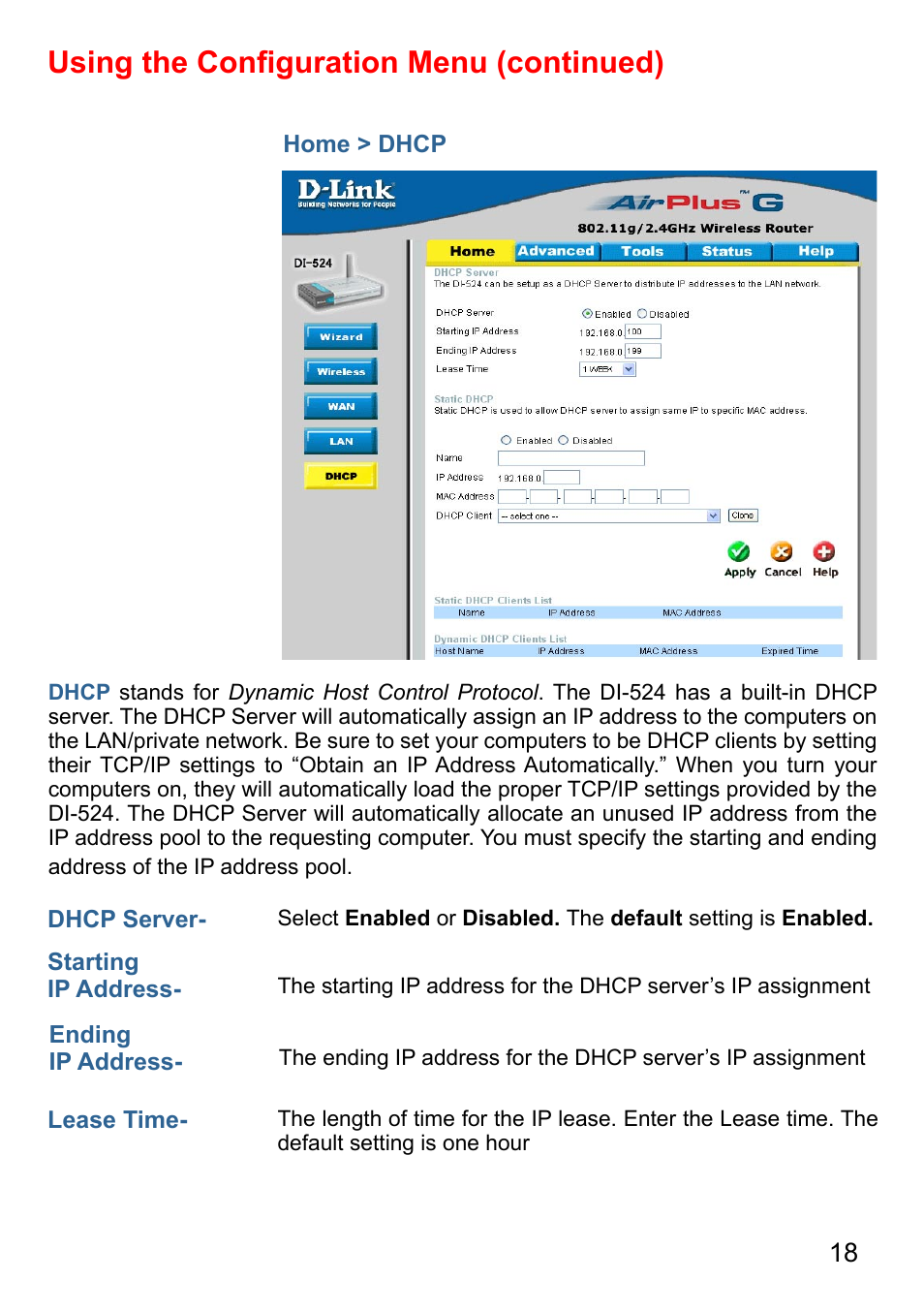 Using the conﬁguration menu (continued) | D-Link AirPlus G DI-524 User Manual | Page 18 / 92