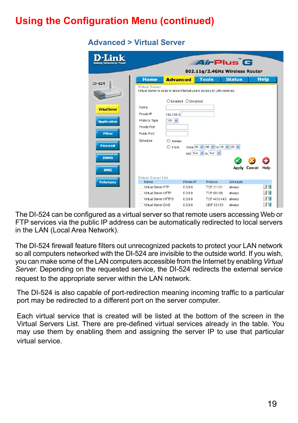 Using the conﬁguration menu (continued) | D-Link AirPlus G DI-524 User Manual | Page 19 / 92