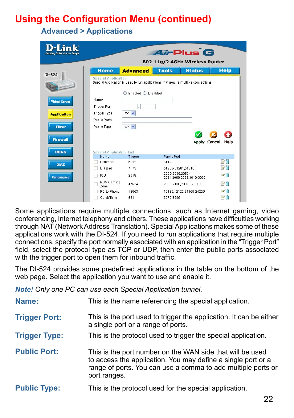 Using the conﬁguration menu (continued) | D-Link AirPlus G DI-524 User Manual | Page 22 / 92