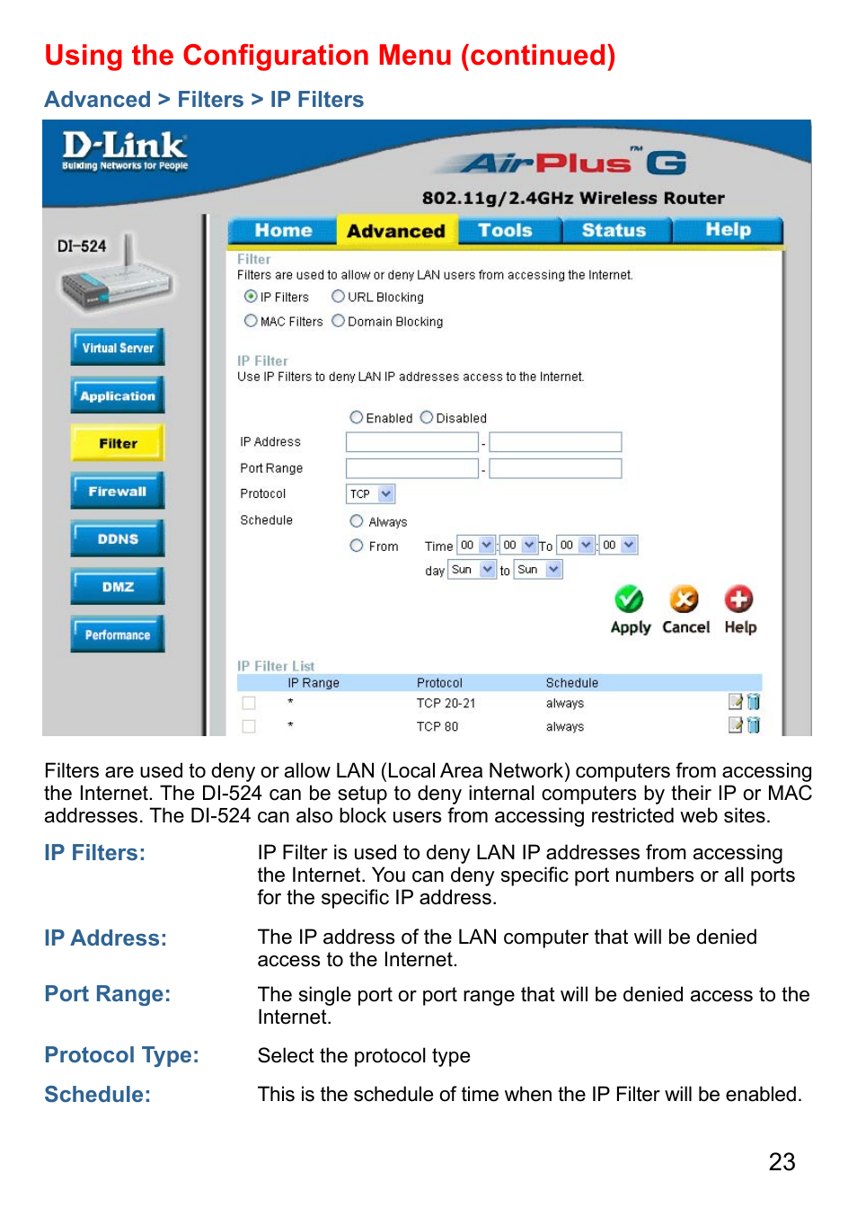 Using the conﬁguration menu (continued) | D-Link AirPlus G DI-524 User Manual | Page 23 / 92