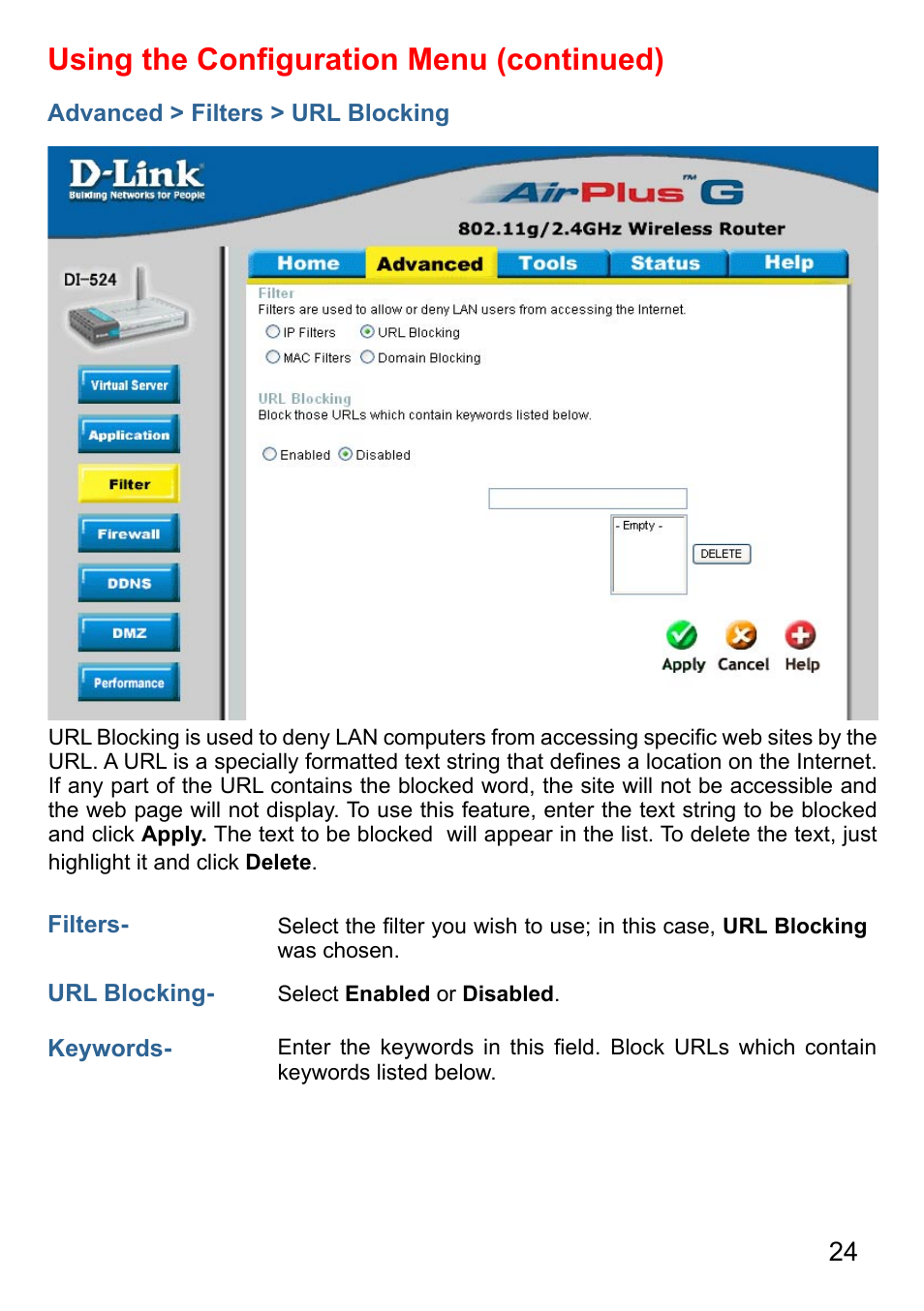 Using the conﬁguration menu (continued) | D-Link AirPlus G DI-524 User Manual | Page 24 / 92