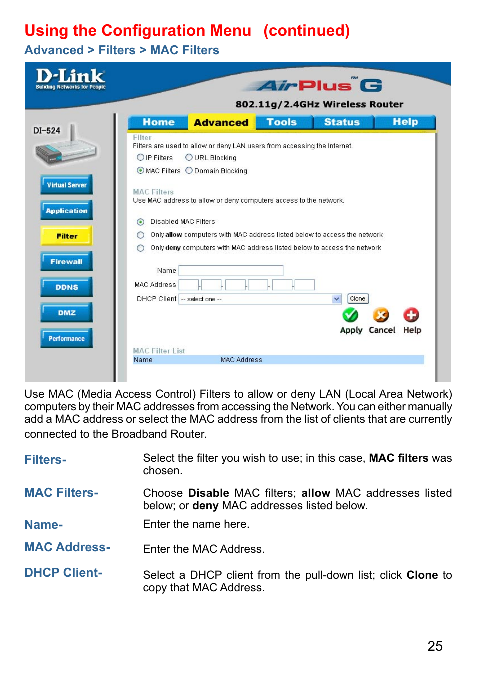 Using the conﬁguration menu, Continued) | D-Link AirPlus G DI-524 User Manual | Page 25 / 92