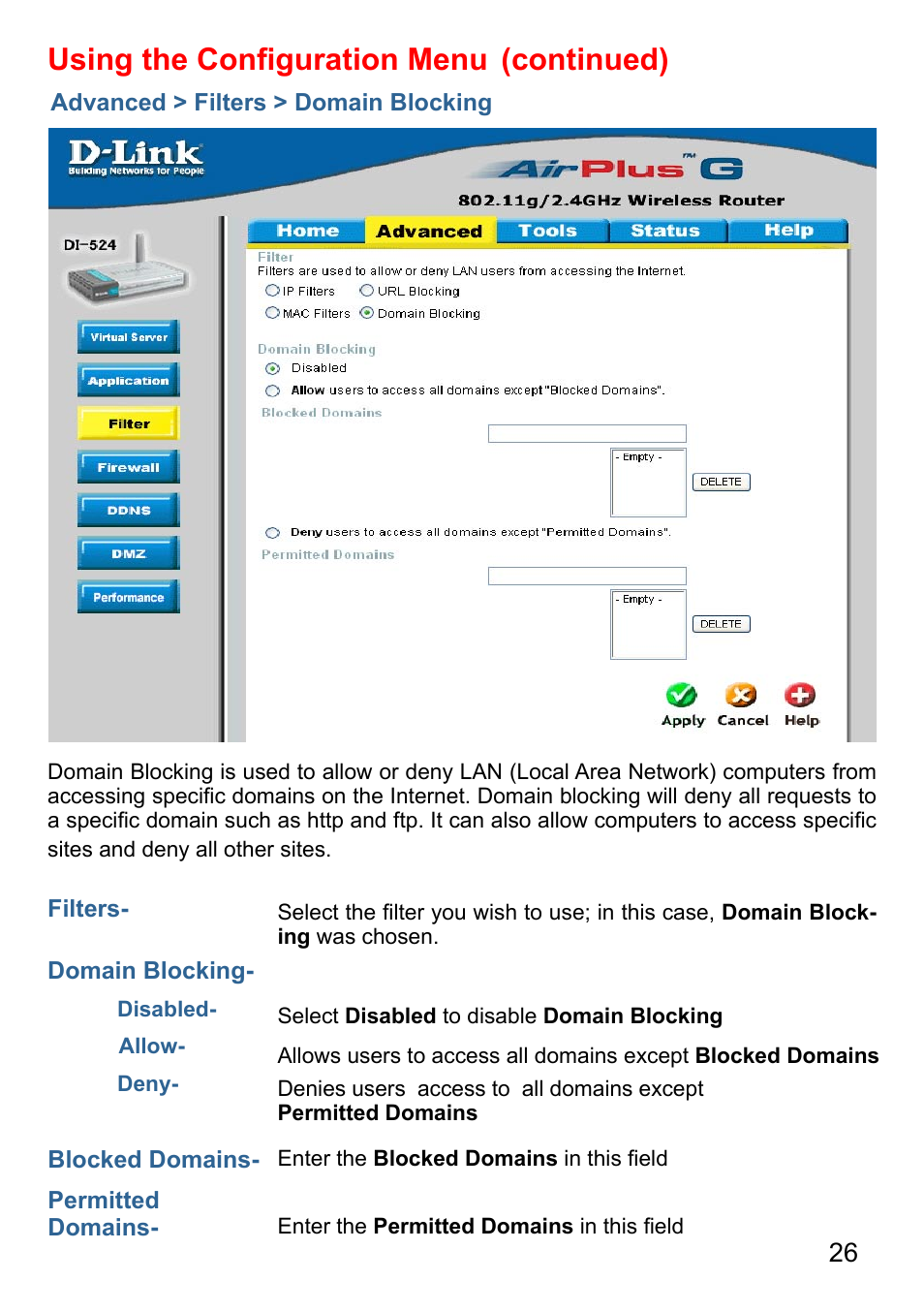 Using the conﬁguration menu, Continued) | D-Link AirPlus G DI-524 User Manual | Page 26 / 92